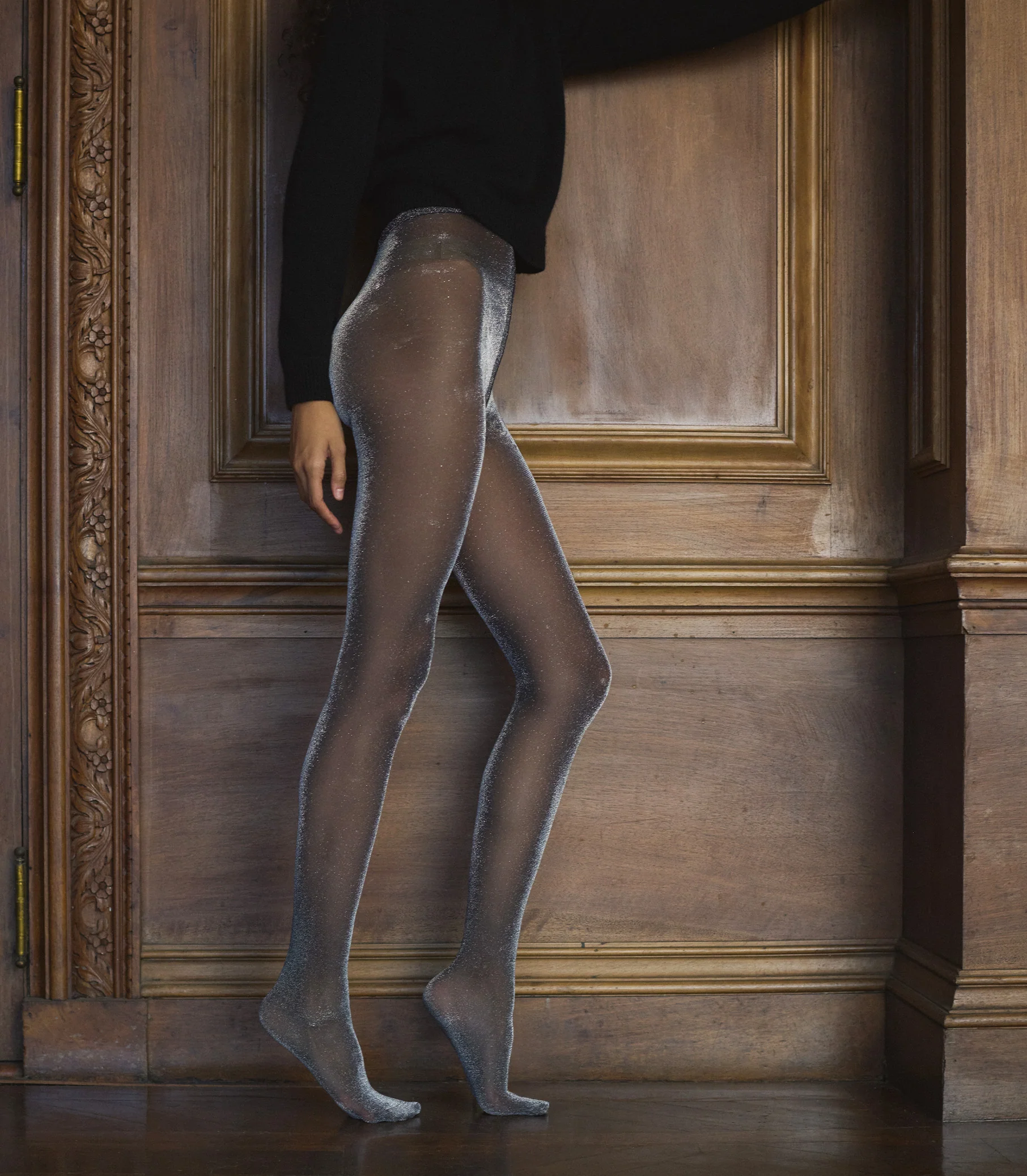 WOLFORD LUREX SHIMMER TIGHTS -- BLACK - Image 2